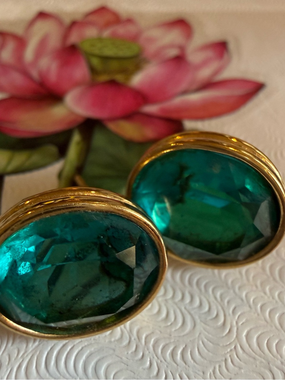 Vintage “ Givenchy” Earrings multi faceted Teal Green Glass Cabochon - Picture 8 of 10